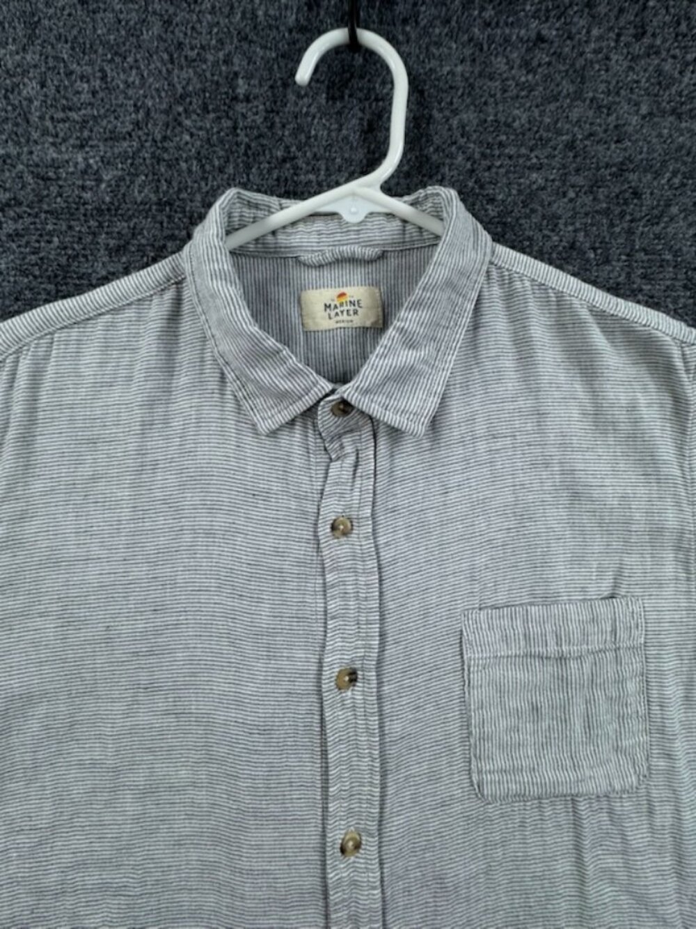 Marine Layer Selvage Striped Short Sleeve Medium Blue Pocket Shirt Button Up